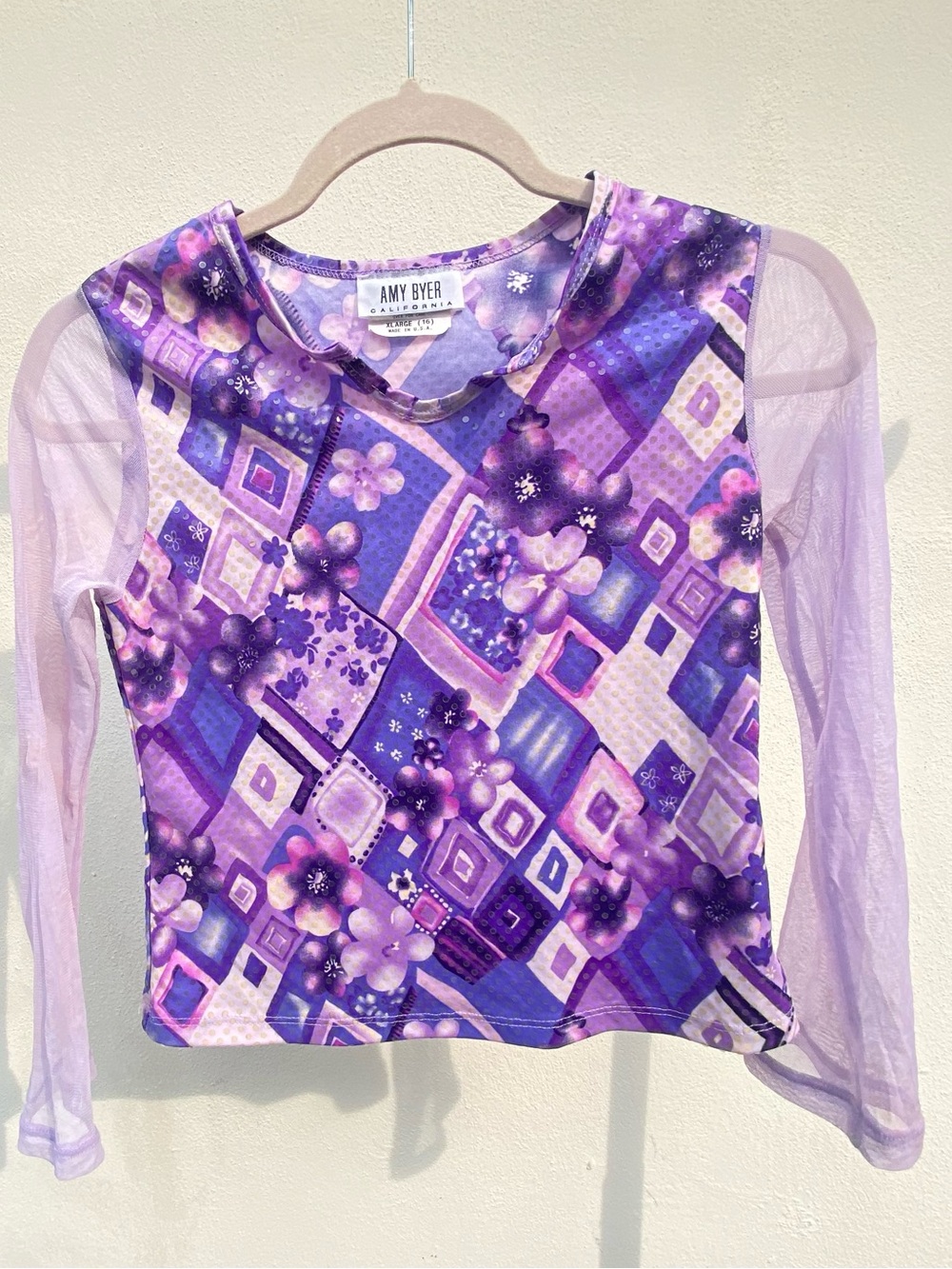 Y2K Futuristic Fairy Purple Mesh & Glossed Geo Floral Top Size XS